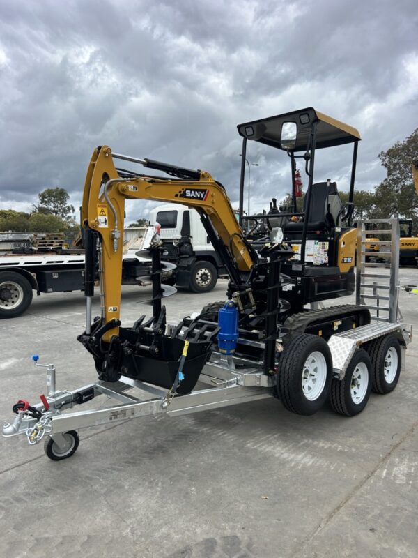 SANY SY16C 1.75 tonne mini excavator on trailer ready for hire in Brisbane