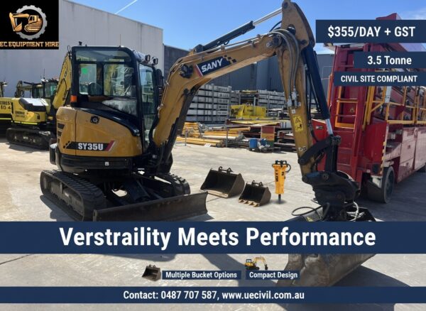 SANY SY35U mini excavator with multiple bucket attachments