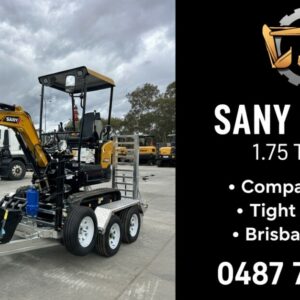 SANY SY16C 1.75 tonne mini excavator on trailer available for hire in Brisbane