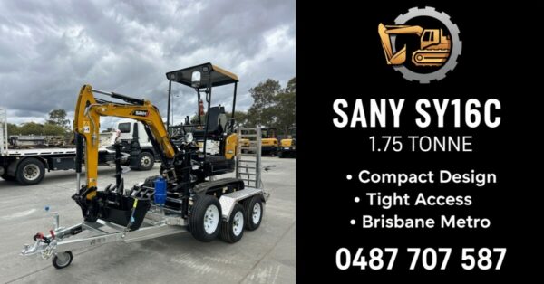 SANY SY16C 1.75 tonne mini excavator on trailer available for hire in Brisbane